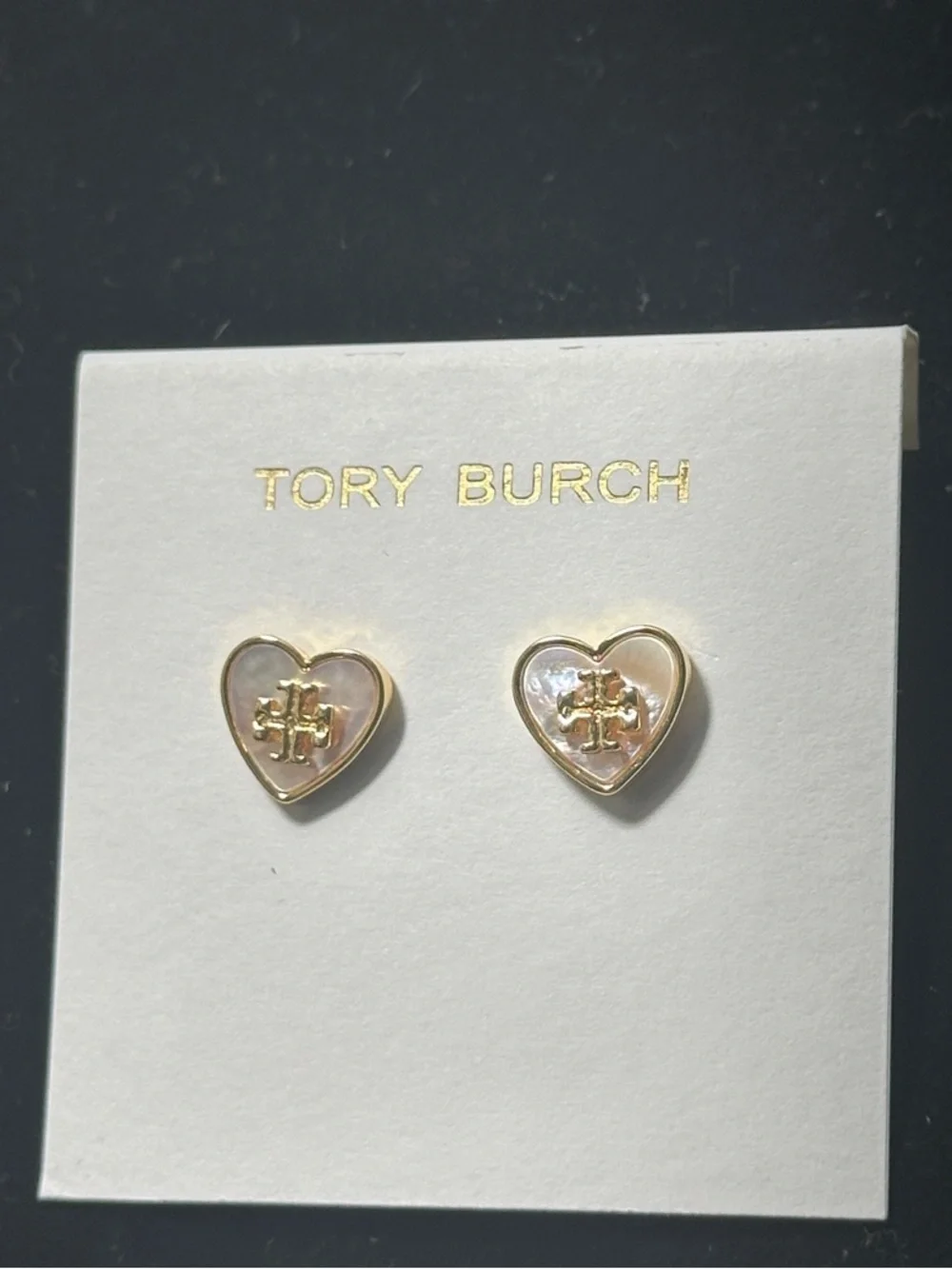 Tory Burch Gold Mother of Pearl Heart Logo Stud Earrings